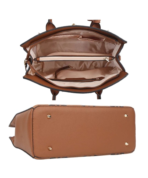 Brown 2-in-1 printed compact leather satchel bag