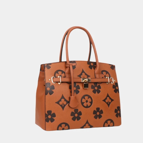 Brown 2-in-1 printed compact leather satchel bag with matching wallet for women