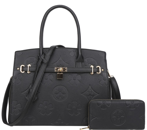 Black 2-in-1 printed compact leather satchel bag