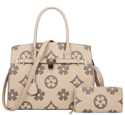 Taupe 2-in-1 printed compact leather satchel bag