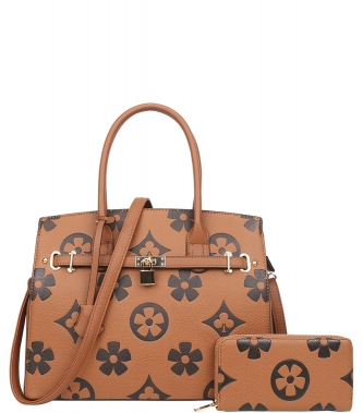 2-in-1 printed compact leather satchel bag with matching wallet in stylish design for women