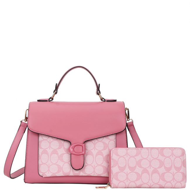 2-in-1 oval faux leather satchel bag with matching wallet