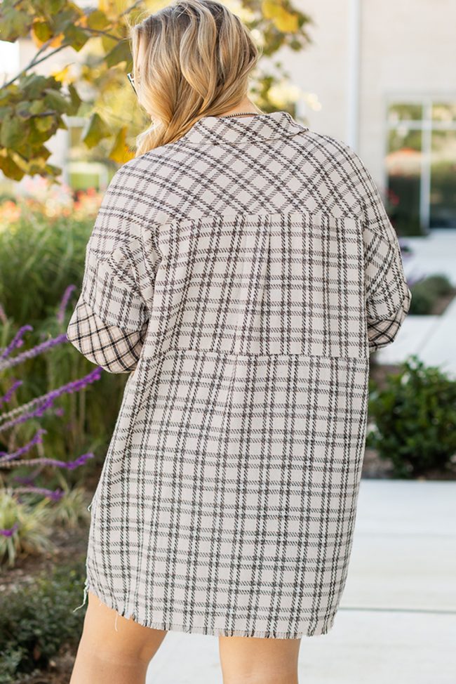Plus Size White Stripe Plaid Button Down Shirt Dress with Raw Hem - Image 2