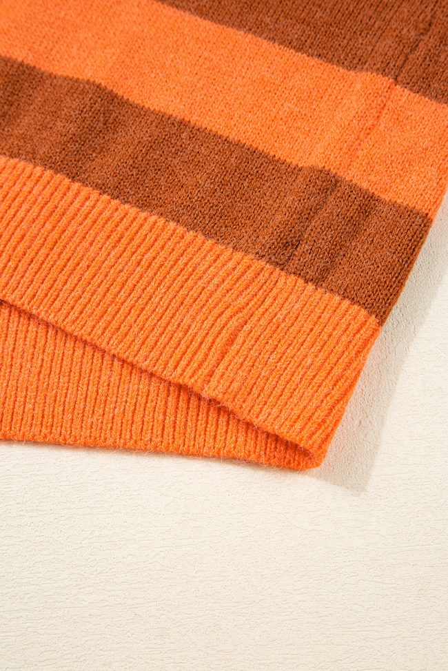 Orange Stripe Color Block High Neck Drop Shoulder Cozy Sweater - Image 7