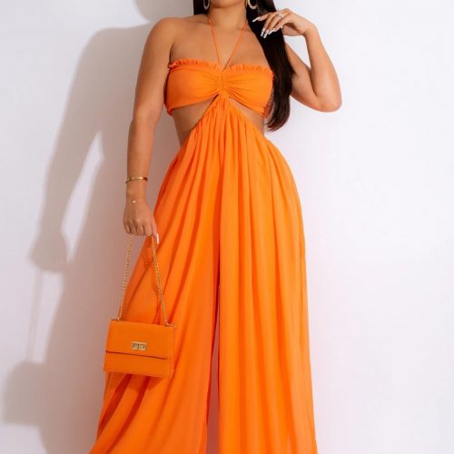 Solid Color Halter Neck And Spaghetti Strap Backless Hollow Cut Out Jumpsuit