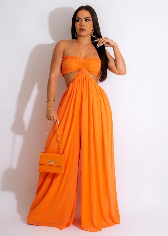 Solid Color Halter Neck And Spaghetti Strap Backless Hollow Cut Out Jumpsuit