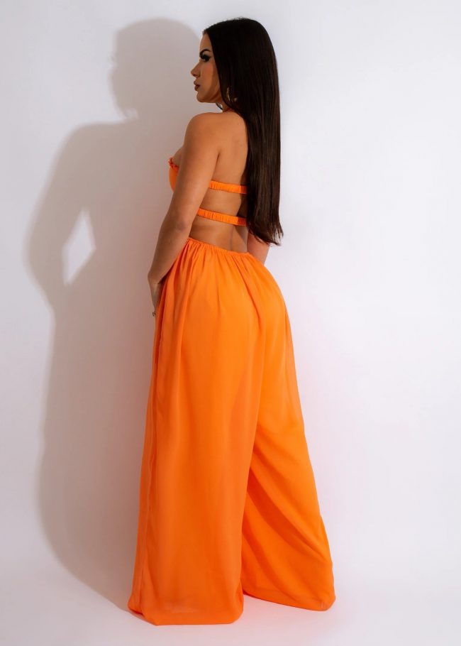 Solid Color Halter Neck And Spaghetti Strap Backless Hollow Cut Out Jumpsuit - Image 2
