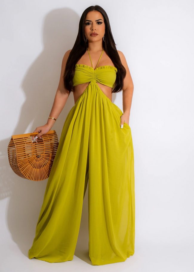 Solid Color Halter Neck And Spaghetti Strap Backless Hollow Cut Out Jumpsuit - Image 3