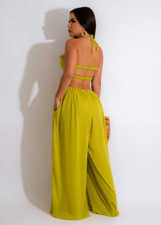 Solid Color Halter Neck And Spaghetti Strap Backless Hollow Cut Out Jumpsuit - Image 4