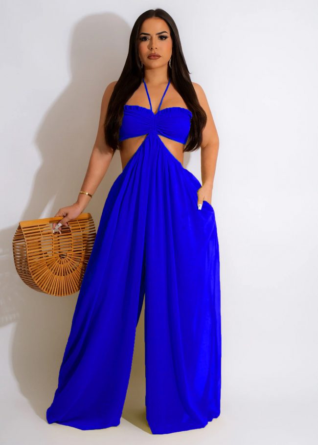 Solid Color Halter Neck And Spaghetti Strap Backless Hollow Cut Out Jumpsuit - Image 5