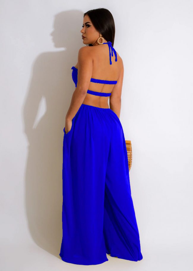 Solid Color Halter Neck And Spaghetti Strap Backless Hollow Cut Out Jumpsuit - Image 6