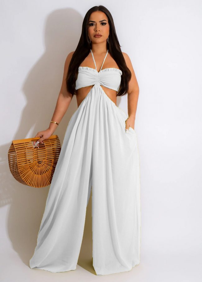 Solid Color Halter Neck And Spaghetti Strap Backless Hollow Cut Out Jumpsuit - Image 7