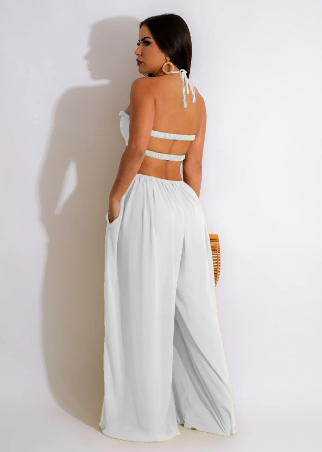 Solid Color Halter Neck And Spaghetti Strap Backless Hollow Cut Out Jumpsuit - Image 8