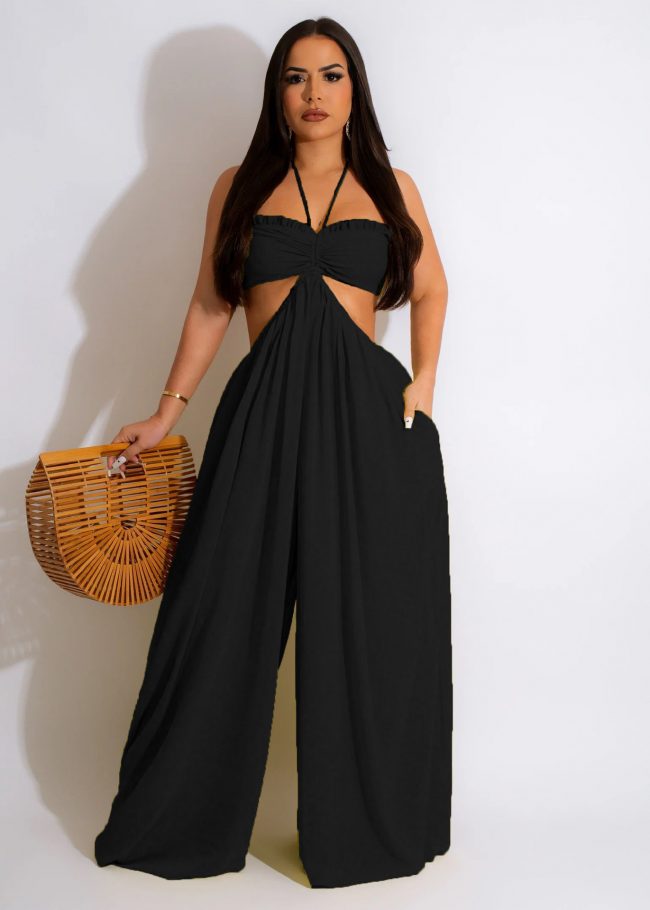 Solid Color Halter Neck And Spaghetti Strap Backless Hollow Cut Out Jumpsuit - Image 9