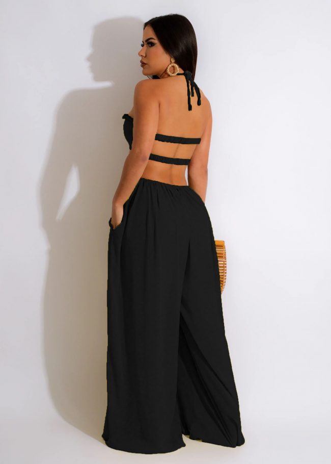 Solid Color Halter Neck And Spaghetti Strap Backless Hollow Cut Out Jumpsuit - Image 10