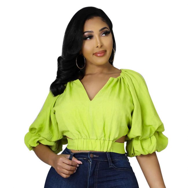 Women’s Elegant White V-Neck Puff Sleeve Tie-Back Crop Shirt - Image 4