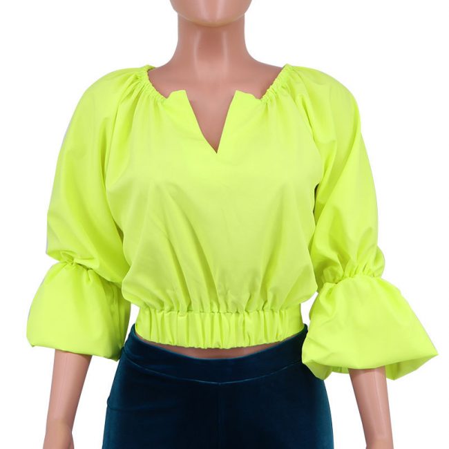 Women’s Elegant White V-Neck Puff Sleeve Tie-Back Crop Shirt - Image 6