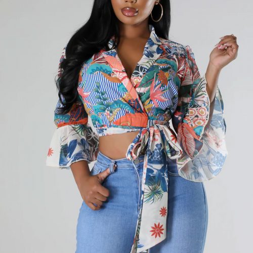 Women’s Boho Floral Print Tie Front Bell Sleeve V-Neck Crop Blouse