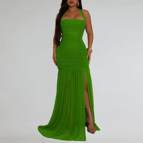 Women Solid Color Pleated Mesh Halter-Neck Backless Split Dress