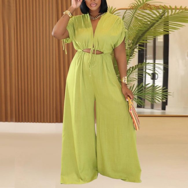 Women’s Solid Color V-Neck Wide Leg Jumpsuit with Ruched Sleeves and Lace-Up Detail