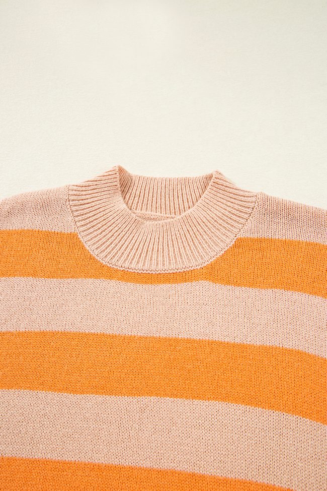 Orange Stripe Color Block High Neck Drop Shoulder Cozy Sweater - Image 5