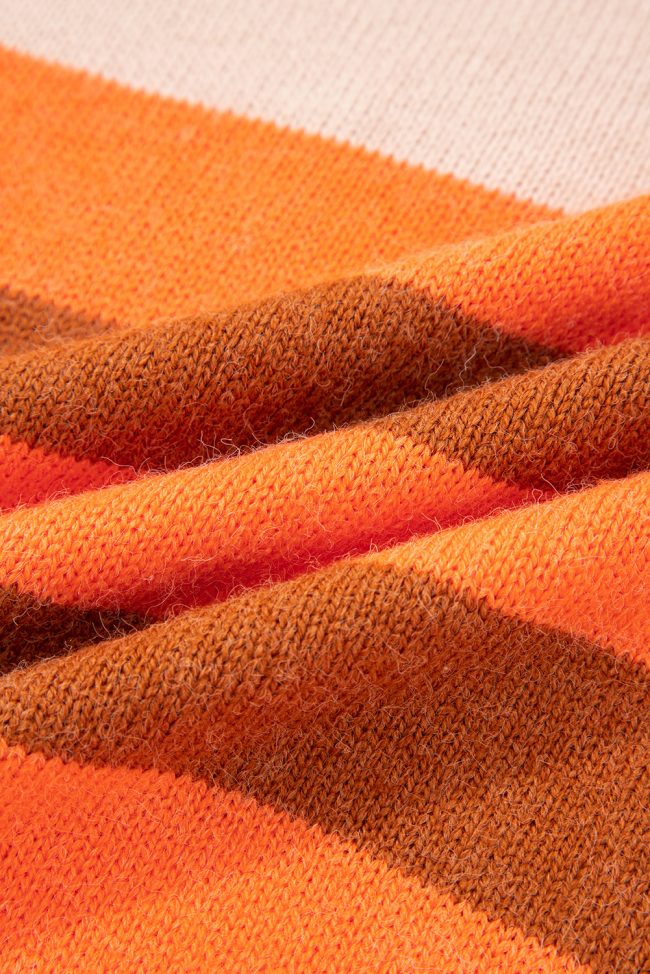Orange Stripe Color Block High Neck Drop Shoulder Cozy Sweater - Image 20