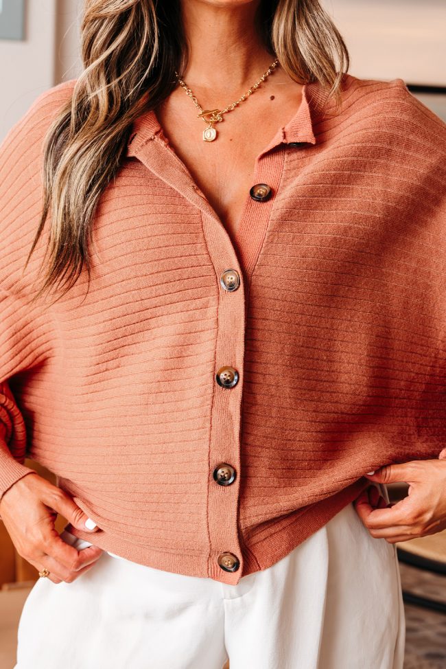 Apricot Pink Wide Rib Knit Button Front Dolman Sleeve Sweater Cardigan - Image 4