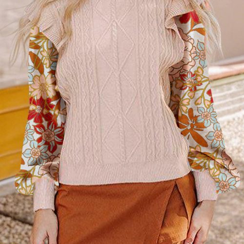 Parchment Cable Knit Ruffle Detail Contrast Floral Sleeve Patchwork Sweater