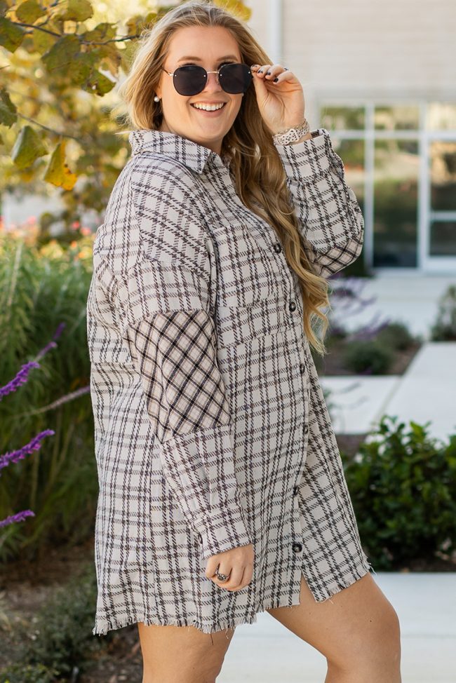 Plus Size White Stripe Plaid Button Down Shirt Dress with Raw Hem - Image 3