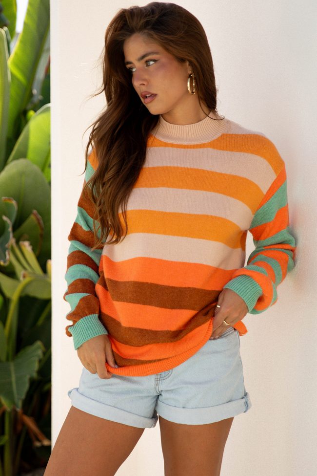 Orange Stripe Color Block High Neck Drop Shoulder Cozy Sweater - Image 12