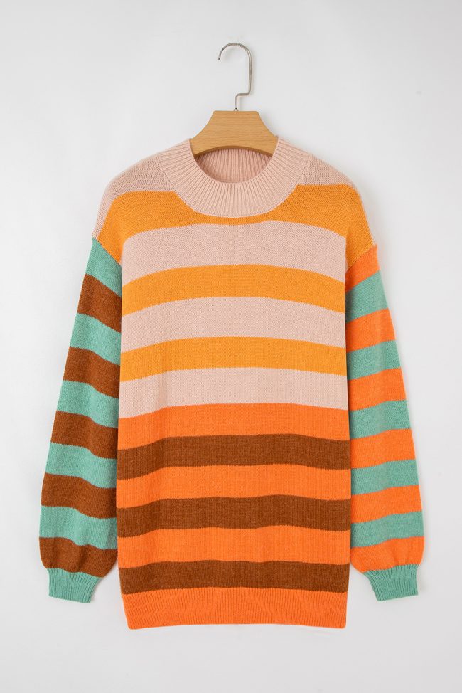 Orange Stripe Color Block High Neck Drop Shoulder Cozy Sweater - Image 14