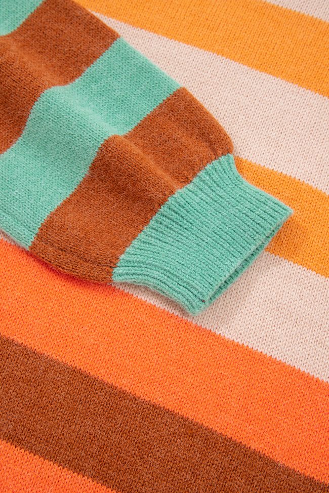 Orange Stripe Color Block High Neck Drop Shoulder Cozy Sweater - Image 18