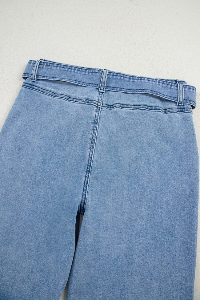 Beau Blue Western Washed Wide Leg Jeans with Bow Knot Sash - Image 3