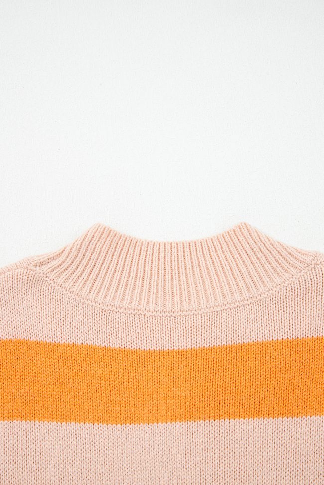 Orange Stripe Color Block High Neck Drop Shoulder Cozy Sweater - Image 16