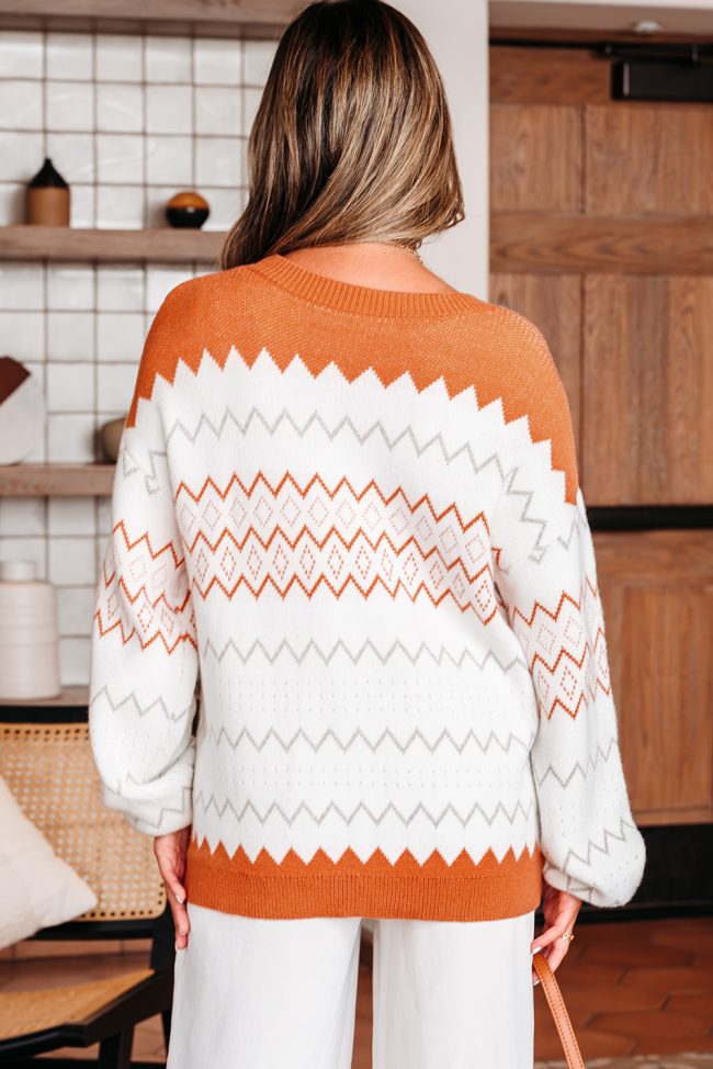 Khaki Zigzag Geometric Pattern Knitted Pullover Sweater - Image 2