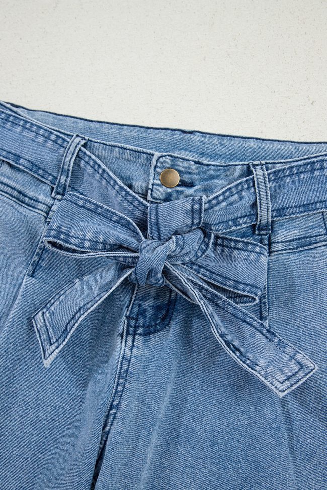 Beau Blue Western Washed Wide Leg Jeans with Bow Knot Sash - Image 4