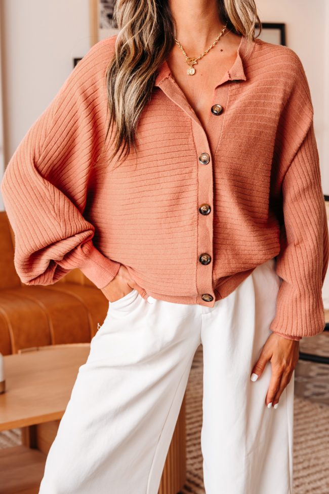 Apricot Pink Wide Rib Knit Button Front Dolman Sleeve Sweater Cardigan - Image 3