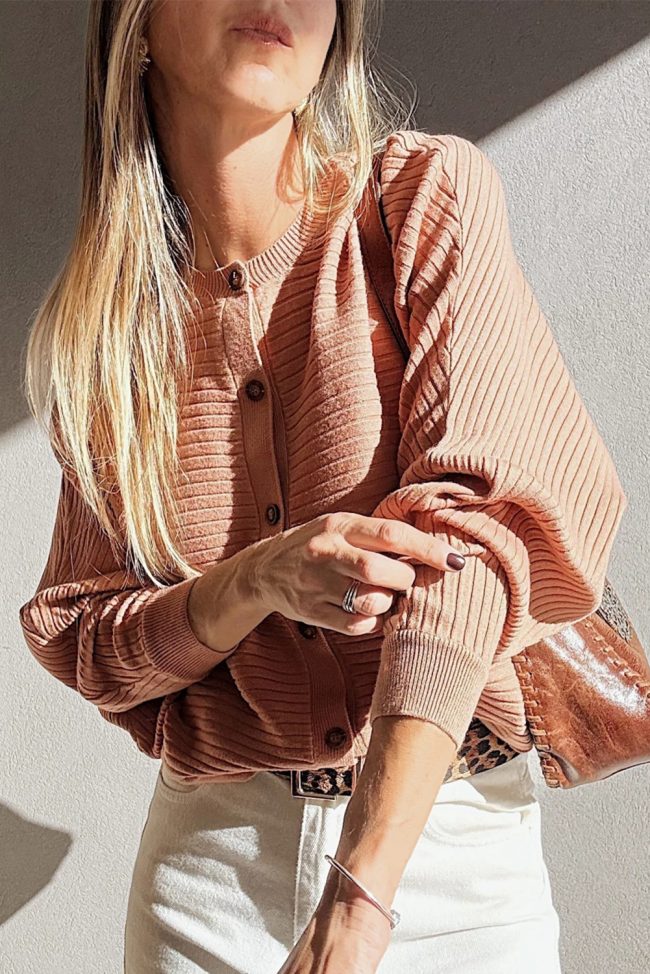 Apricot Pink Wide Rib Knit Button Front Dolman Sleeve Sweater Cardigan - Image 5