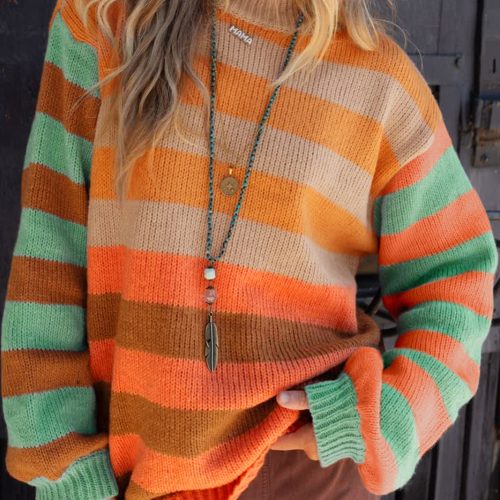 Orange Stripe Color Block High Neck Drop Shoulder Cozy Sweater