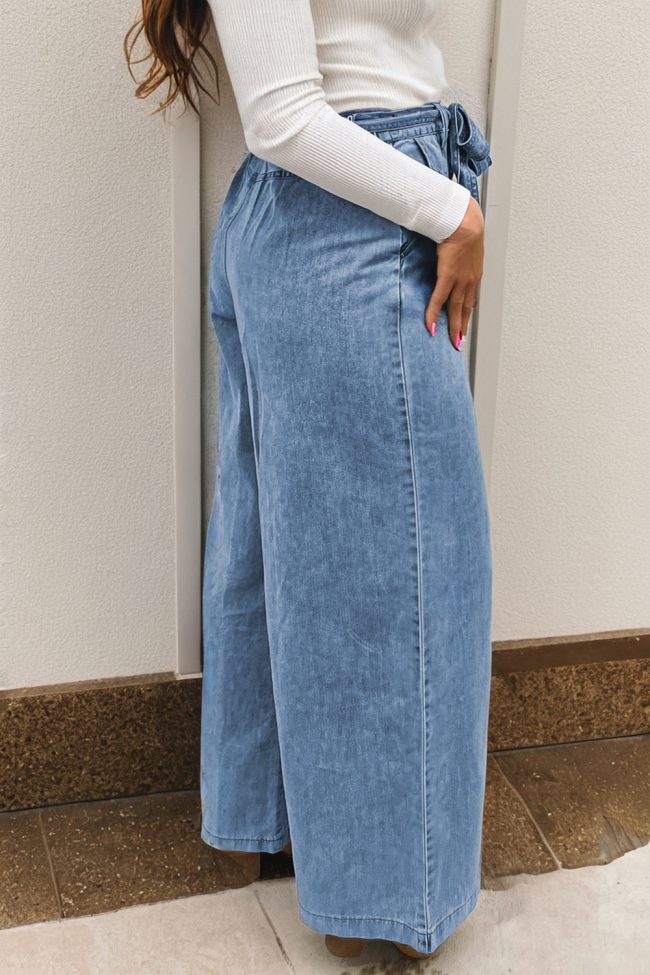 Beau Blue Western Washed Wide Leg Jeans with Bow Knot Sash - Image 6