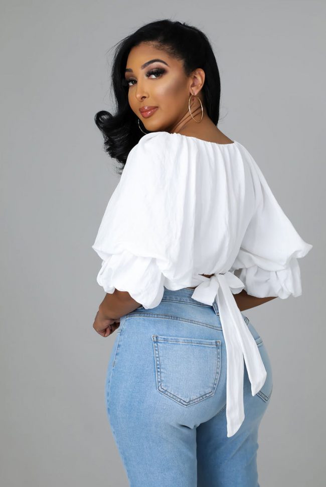 Women’s Elegant White V-Neck Puff Sleeve Tie-Back Crop Shirt - Image 2