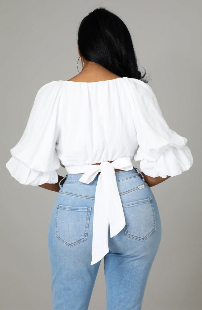 Women’s Elegant White V-Neck Puff Sleeve Tie-Back Crop Shirt - Image 3