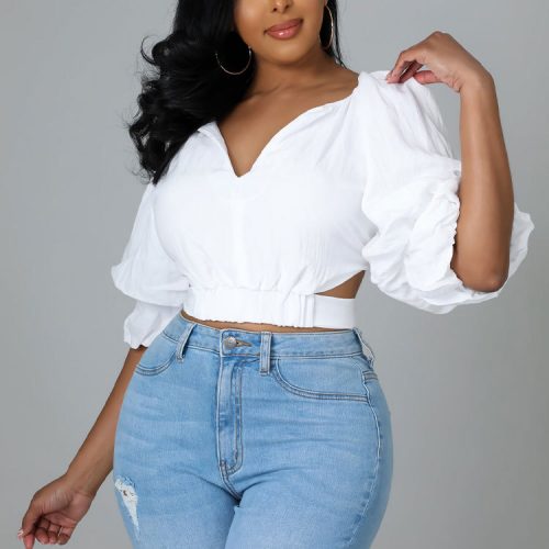 Women’s Elegant White V-Neck Puff Sleeve Tie-Back Crop Shirt