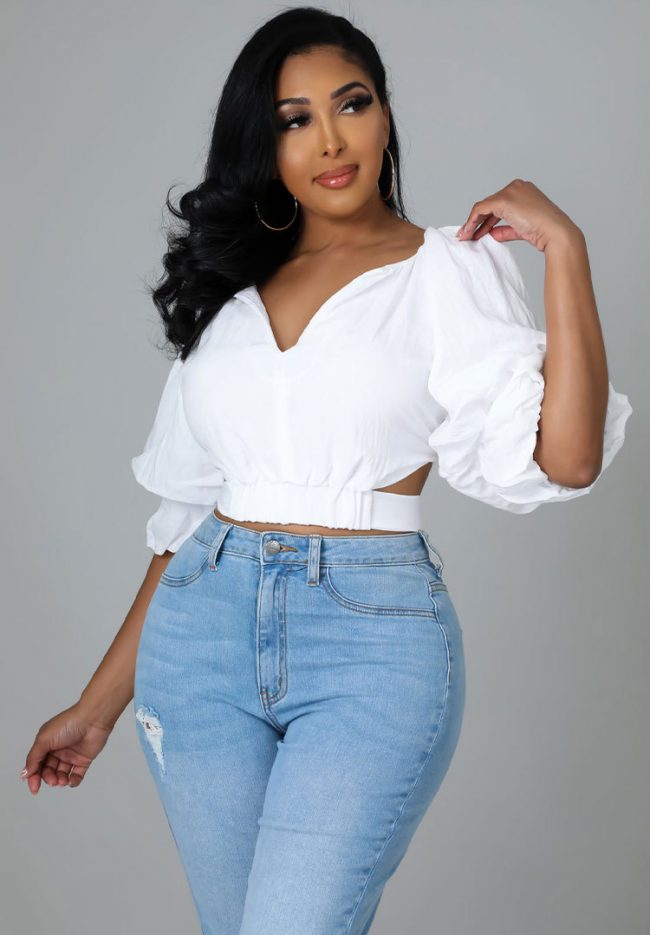 Women’s Elegant White V-Neck Puff Sleeve Tie-Back Crop Shirt