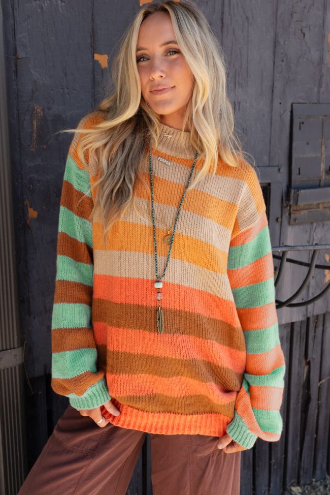 Orange Stripe Color Block High Neck Drop Shoulder Cozy Sweater - Image 2