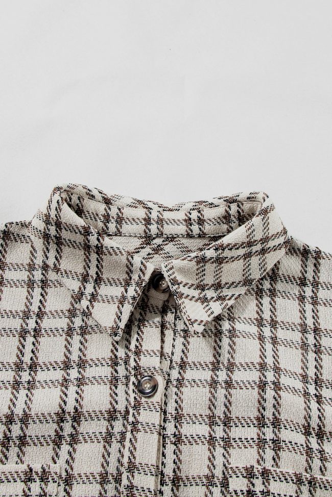 Plus Size White Stripe Plaid Button Down Shirt Dress with Raw Hem - Image 6