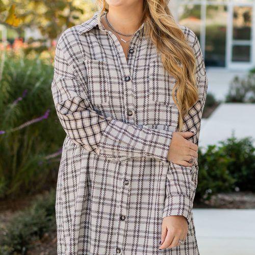 Plus Size White Stripe Plaid Button Down Shirt Dress with Raw Hem