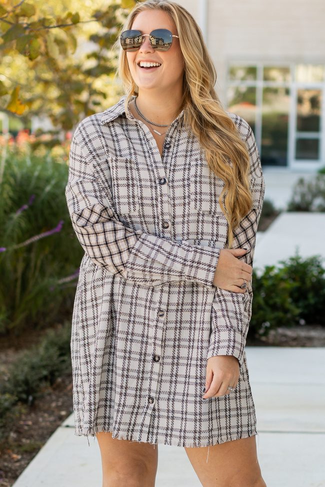 Plus Size White Stripe Plaid Button Down Shirt Dress with Raw Hem