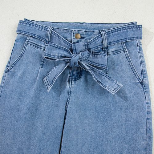 Beau Blue Western Washed Wide Leg Jeans with Bow Knot Sash