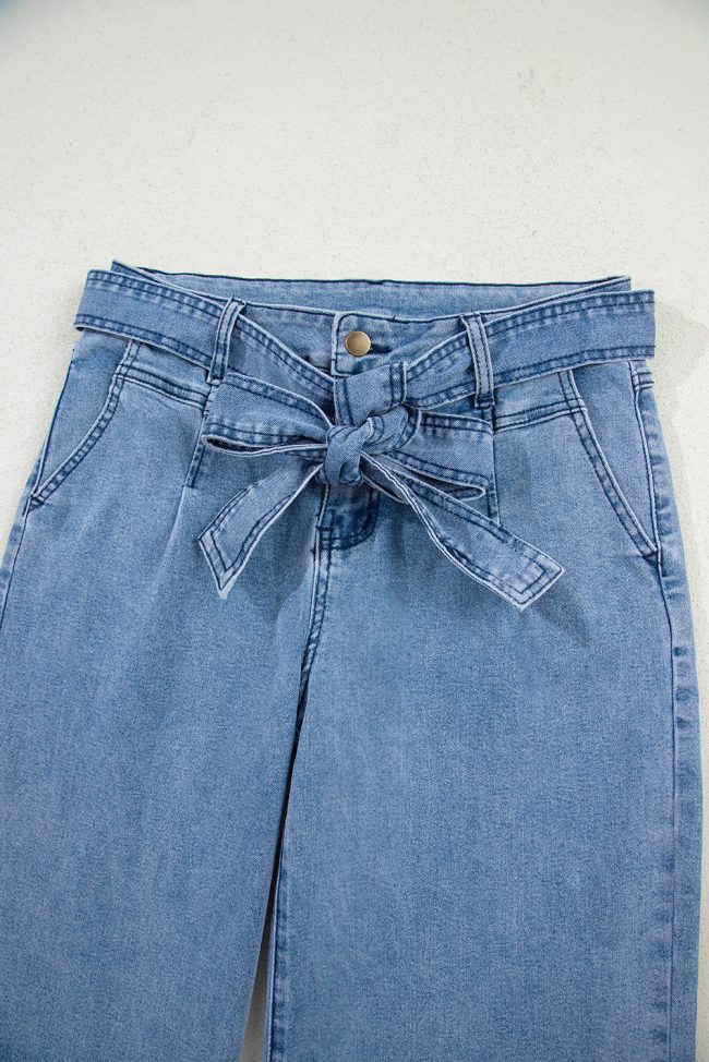 Beau Blue Western Washed Wide Leg Jeans with Bow Knot Sash